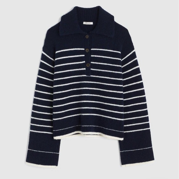 Madewell Sweaters - Madewell Navy and White Striped Collared Pullover Sweater